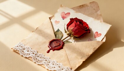 Romantic Valentines Day Scene: Rose on Card, Handwritten Letter, Ribbon and Seal