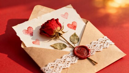 Elegant Red Rose on a Vintage Postcard