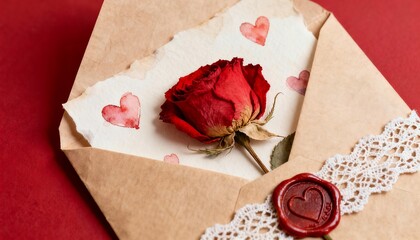 Handwritten Valentine's Day Greeting Card with a Rose and Stamp