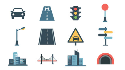 Flat design traffic and city elements for road safety and urban planning