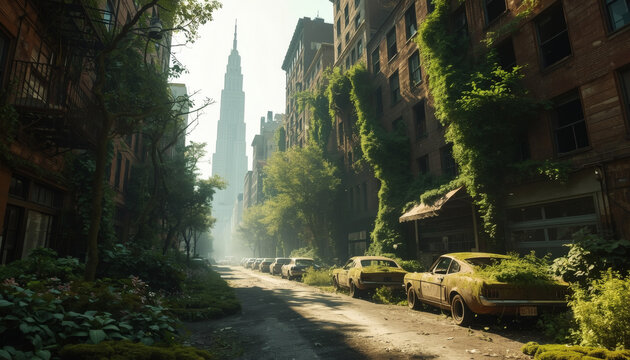 Post-apocalyptic city street with abandoned vintage cars overgrown with green moss and vegetation in New York.