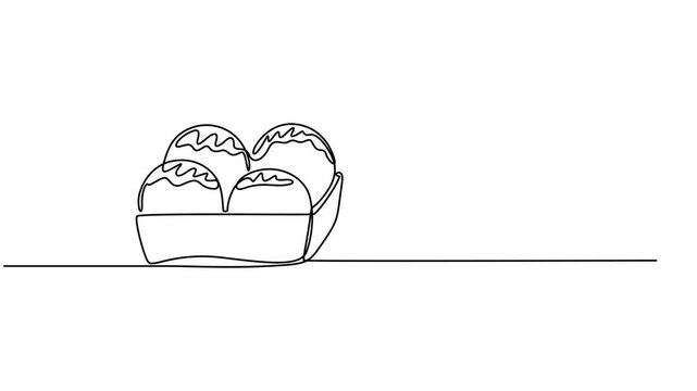 Animated self drawing of continuous line draw stylized Japanese takoyaki ball logo label. Emblem seafood restaurant concept. Full length one line animation, Modern one line draw design vector pro.