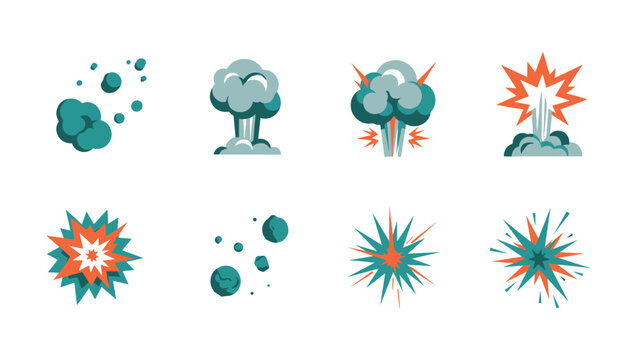 Colorful flat explosion icons set with cartoon style bursts and clouds