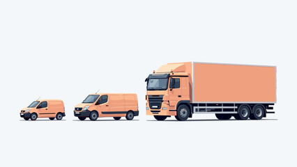 Orange delivery vehicles in flat style: truck, van, and minivan in a row