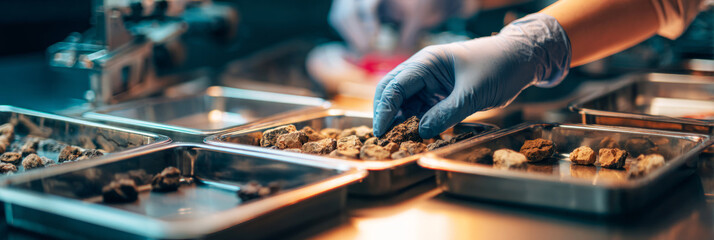 Hands wearing gloves focus on picking and examining rocks and nodules in trays on a stainless steel table in a laboratory setting. The task involves careful study of samples, banner
