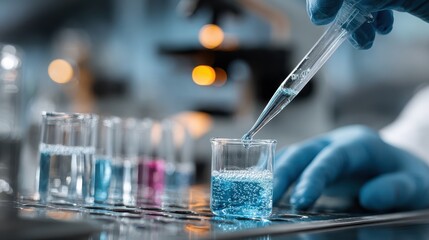 Blue gloved hand carefully drips solution from pipette into beaker. Illustrates laboratory experiments, drug development, or chemical analysis.