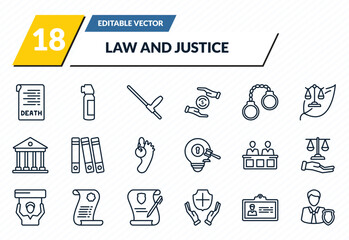 law and justice icons set - death certificate, pepper spray, baton, employment, custody outline vector collection.