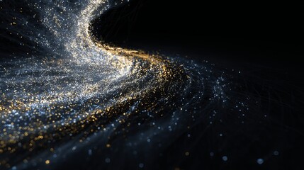 A swirling stream of sparkling particles in shades of gold and silver against a dark background