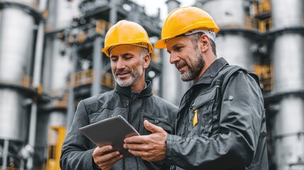 Two engineers in hard hats view a tablet at an industrial plant. Highlights industrial teamwork, digital planning, and on-site analysis.