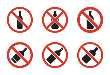 Vector illustration of six no-alcohol signs, depicting a ban on bottles and drinks
