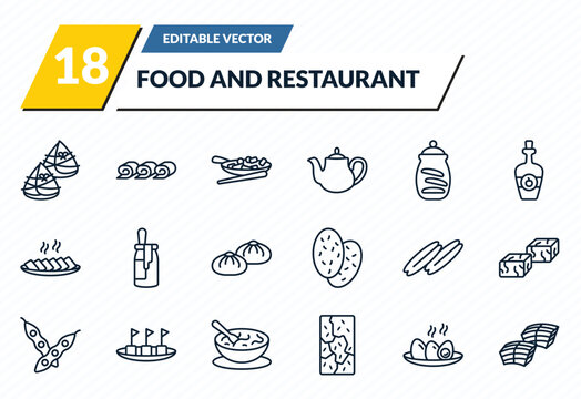 food and restaurant icons set - zongzi, zhaliang, buddhas delight, soy eggs, dongpo pork outline vector collection.