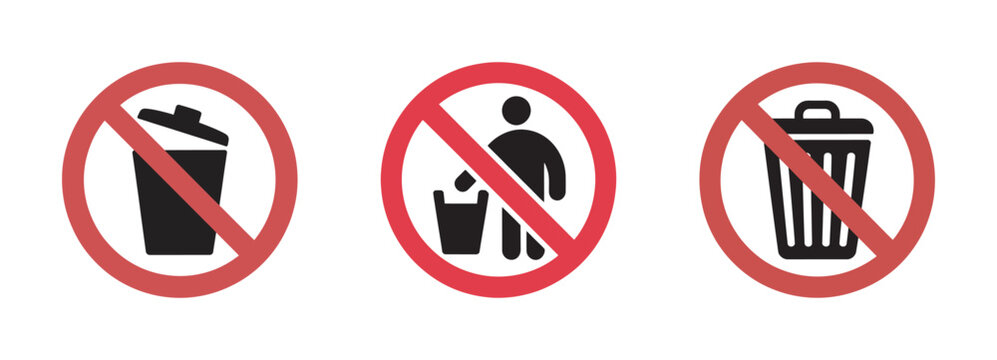 Three different icons indicating no littering or disposal of trash, set against a white background.