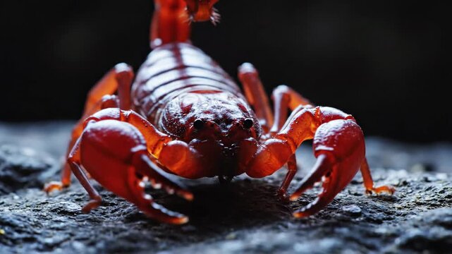 Intense Close-Up of a Red Scorpion with Powerful Claws and Segmented Tail on Rocky Terrain