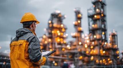 Worker in hard hat inspects refinery with glowing bokeh lights. Represents industrial inspection, energy, and worker safety themes.
