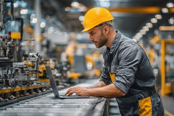 Male worker in yellow hard hat uses laptop in modern factory. Illustrates industrial tech, smart manufacturing, and digital production.