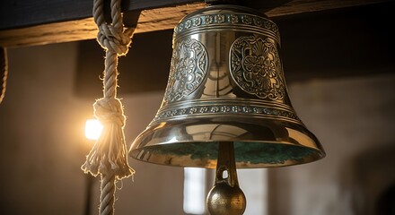 Ornate Church Bell with Intricate Designs and Warm Lighting.
