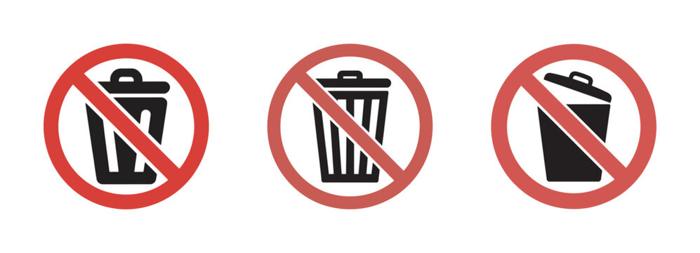 Three variations of a no littering sign featuring a trash bin symbol