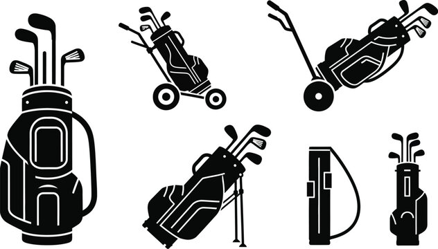Golf driver, golf sport bags with clubs silhouette. Golf clubs bag on golf trolley, cart vector. 
