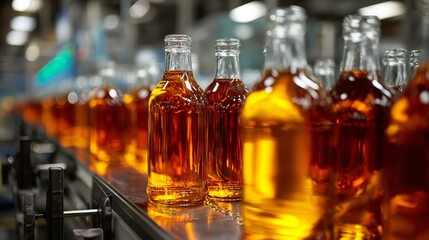A production line of glass bottles filled with amber liquid in a factory setting