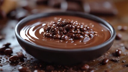Rich Chocolate Delights: A close-up shot of a luxurious bowl of smooth, decadent chocolate, embellished with crunchy chocolate bits, offering a tantalizing visual treat. 