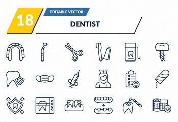 dentist icons set - maxilla, filler, dentist scissors, tooth filling, gauze outline vector collection. © IconArt