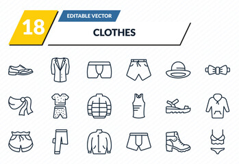 clothes icons set - shoes, suit jacket, underpants, danica shoes, lingerie outline vector collection. © IconArt