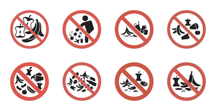 A collection of prohibited signs for littering and food waste disposal on a white background