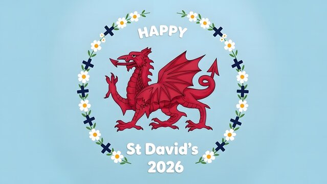 Red welsh dragon in floral wreath for st david's day 2026