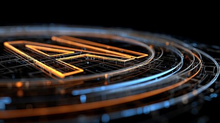A futuristic orange and blue neon-lit circular design with a grid pattern on a dark background