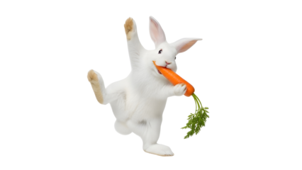 Funny white rabbit standing up while eating a fresh orange carrot isolated PNG with Transparent Background