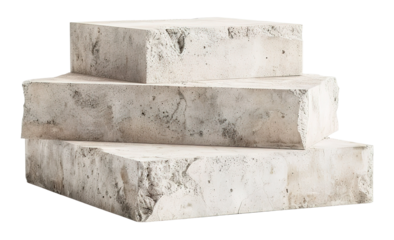 A concrete block podium is shown on a transparent background. This design showcases brutalist minimalism with sharp edges and plain surfaces stacking vertically