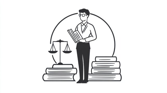 Lawyer reading documents, scales of justice, books; legal consultation illustration