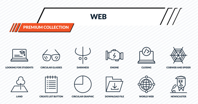 web icons set - looking for students, circular glasses, darkness, create list button, newscaster outline vector collection.