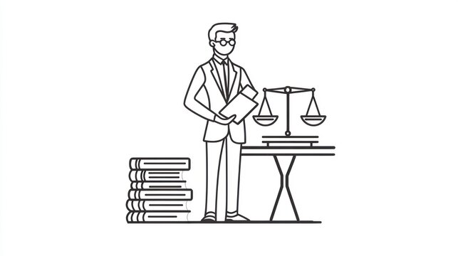 Businessman with legal scales, documents, and books