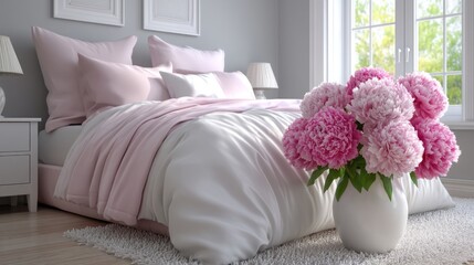 A bedroom with a white bed and pink flowers in a vase