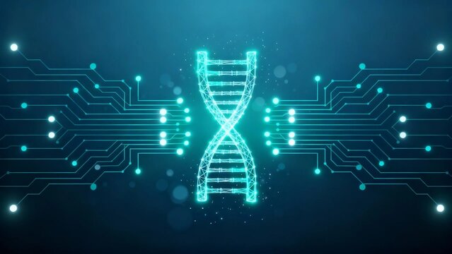 Digital glowing DNA double helix with circuit lines, futuristic genetics technology, artificial intelligence, biotechnology research and medical data science background - Powered by Adobe
