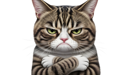 Tabby cat portrait with serious angry expression and crossed arms isolated PNG with Transparent Background