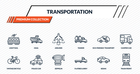 transportation icons set - light rail, haul, airliner, police car, train front outline vector collection. © IconArt
