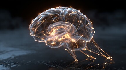 A futuristic illustration of a human brain with glowing neural connections on a dark background