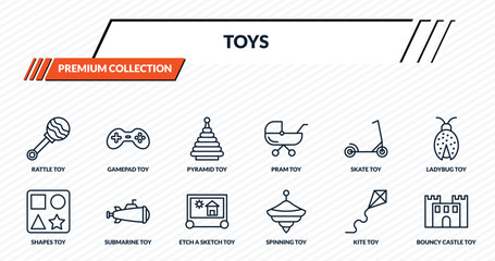 toys icons set - rattle toy, gamepad toy, pyramid toy, submarine bouncy castle outline vector collection. © IconArt