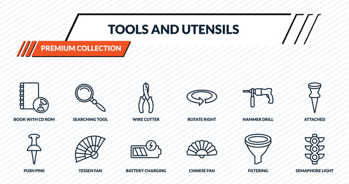 tools and utensils icons set - book with cd rom, searching tool, wire cutter, tessen fan, semaphore light outline vector collection.