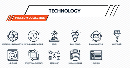 technology icons set - multichannel marketing, uptime and downtime, reach, structural elements, selector outline vector collection. © IconArt
