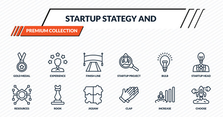 startup stategy and icons set - gold medal, experience, finish line, rook, choose outline vector collection. © IconArt