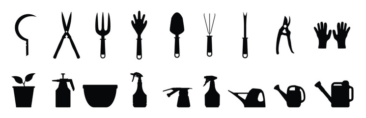 Garden Essentials Icon Set: A neatly arranged collection of gardening tools, each silhouetted in striking detail, ready to inspire and assist in cultivating thriving gardens. Vector Illustration. © Afnan