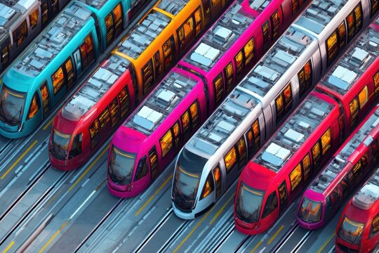 Colorful Trains Line Up on Parallel Tracks in Anticipation of Departure