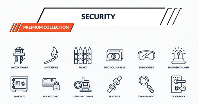 security icons set - watch tower, match fire, picket, locked card, door lock outline vector collection.