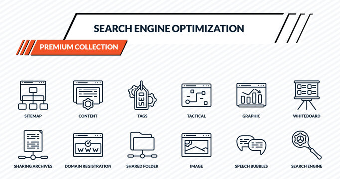 search engine optimization icons set - sitemap, content, tags, domain registration, search engine outline vector collection.