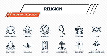 Obraz premium religion icons set - nordic paganism, vatican, eckankar, faravahar, aaronic order church outline vector collection.