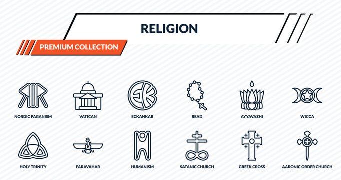 religion icons set - nordic paganism, vatican, eckankar, faravahar, aaronic order church outline vector collection.