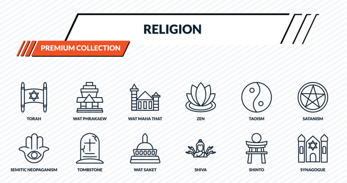 religion icons set - torah, wat phrakaew, wat maha that, tombstone, synagogue outline vector collection.